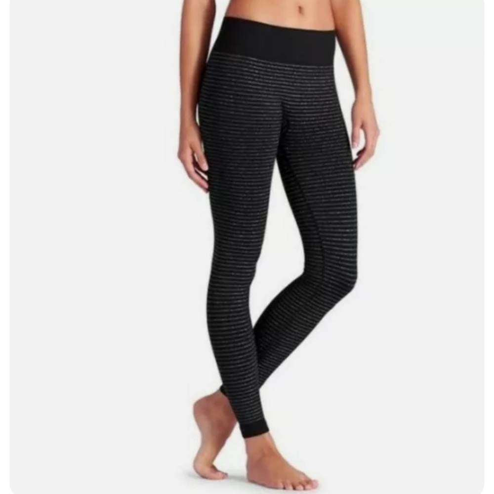 NEW Pure Barre Womens Black Gray Striped Leggings Large MidRise 28”Inseam NWOT - Picture 2 of 5